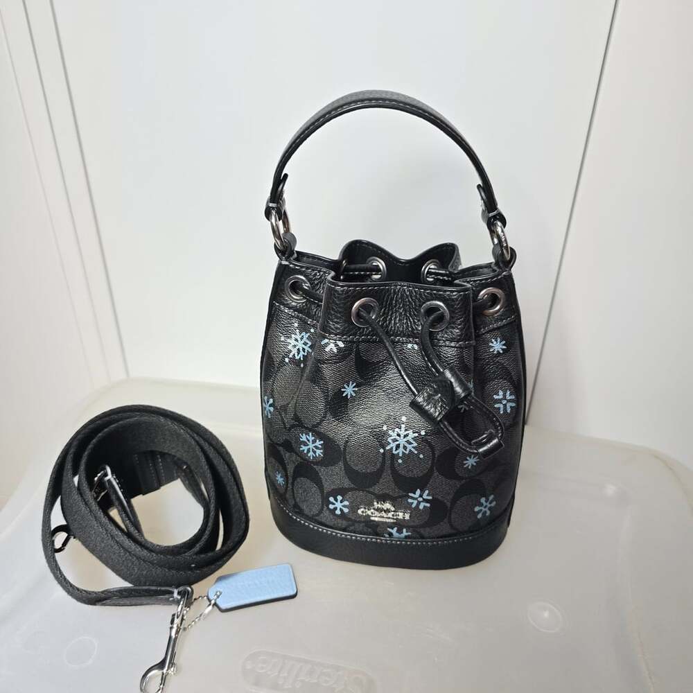 Coach Dempsey Drawstring Bucket Bag Signature Canvas with Snowflake Print